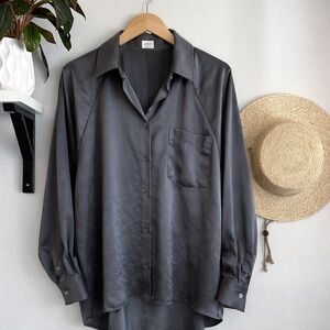 Aritzia Wilfred Satin Button Up Blouse Dolman Longsleeve Grey Small Delphine